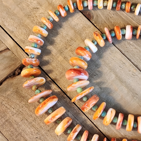 Navajo Helen Little Turquoise & Spiny Oyster Heishi 25" Double Strand Necklace - Picture 9 of 14